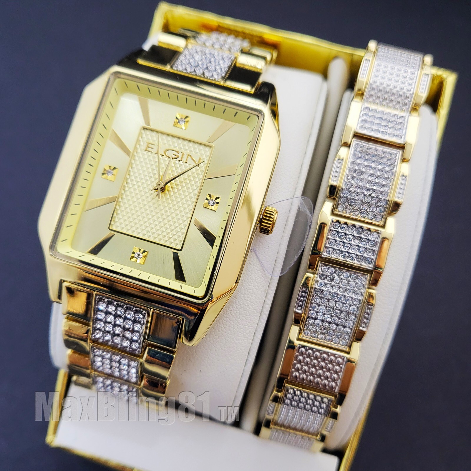 Men Elgin Luxury Lab Diamond Stainless Steel Iced Square Men Elgin Luxury Lab Diamond Stainless Steel Iced Square