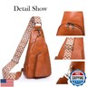 KlaOYer Sling Leather Bags For Women Crossbody Small Fanny Pack Purses Chest Bags With Guitar Strap For Gril Lady (Brown 2)
