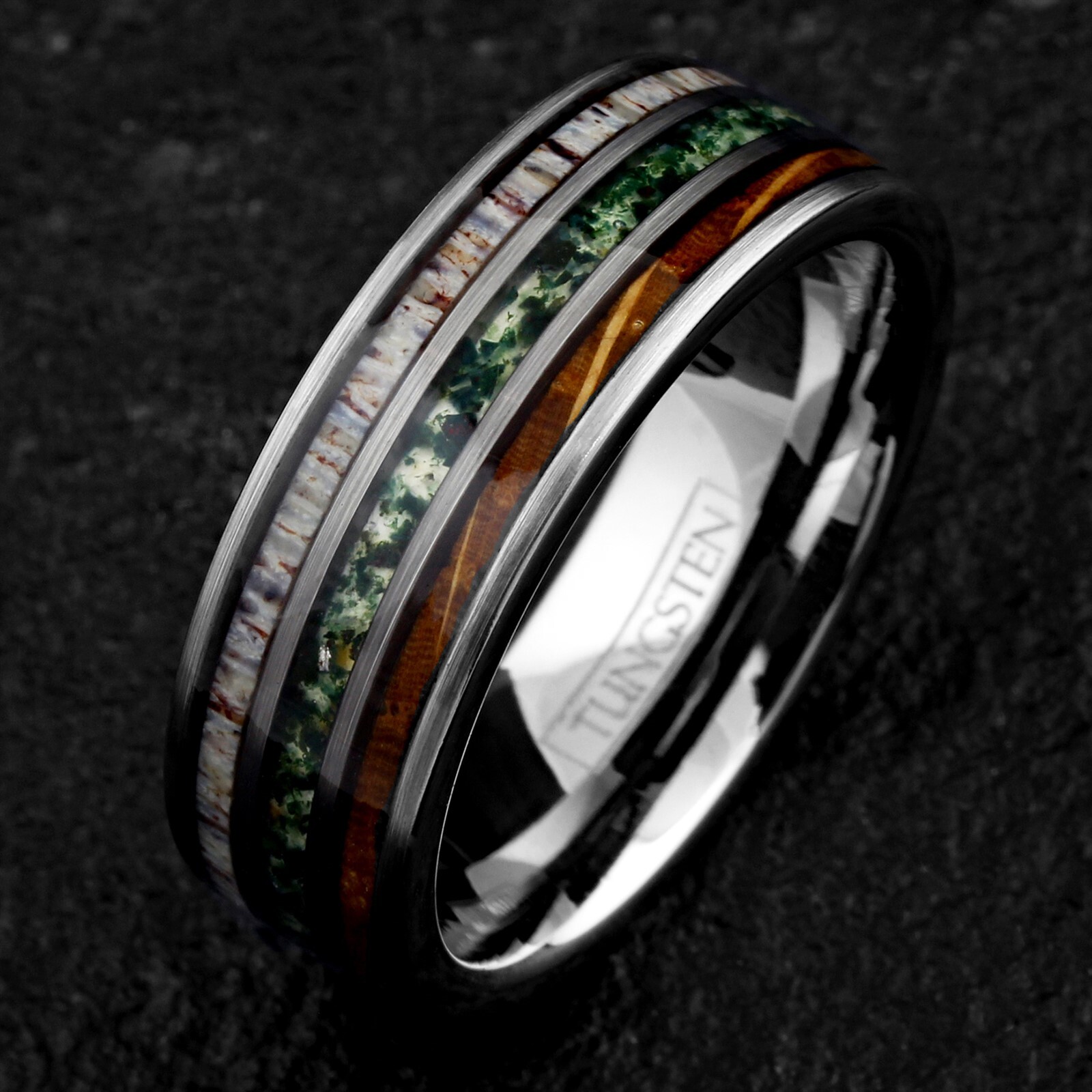 Tungsten Carbide Black or Silver Moss Agate Deer Antler Whiskey Barrel Band Ring