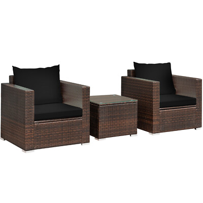 Patiojoy 3PCS Outdoor Rattan Furniture Set Cushioned Conversation Sofa Black