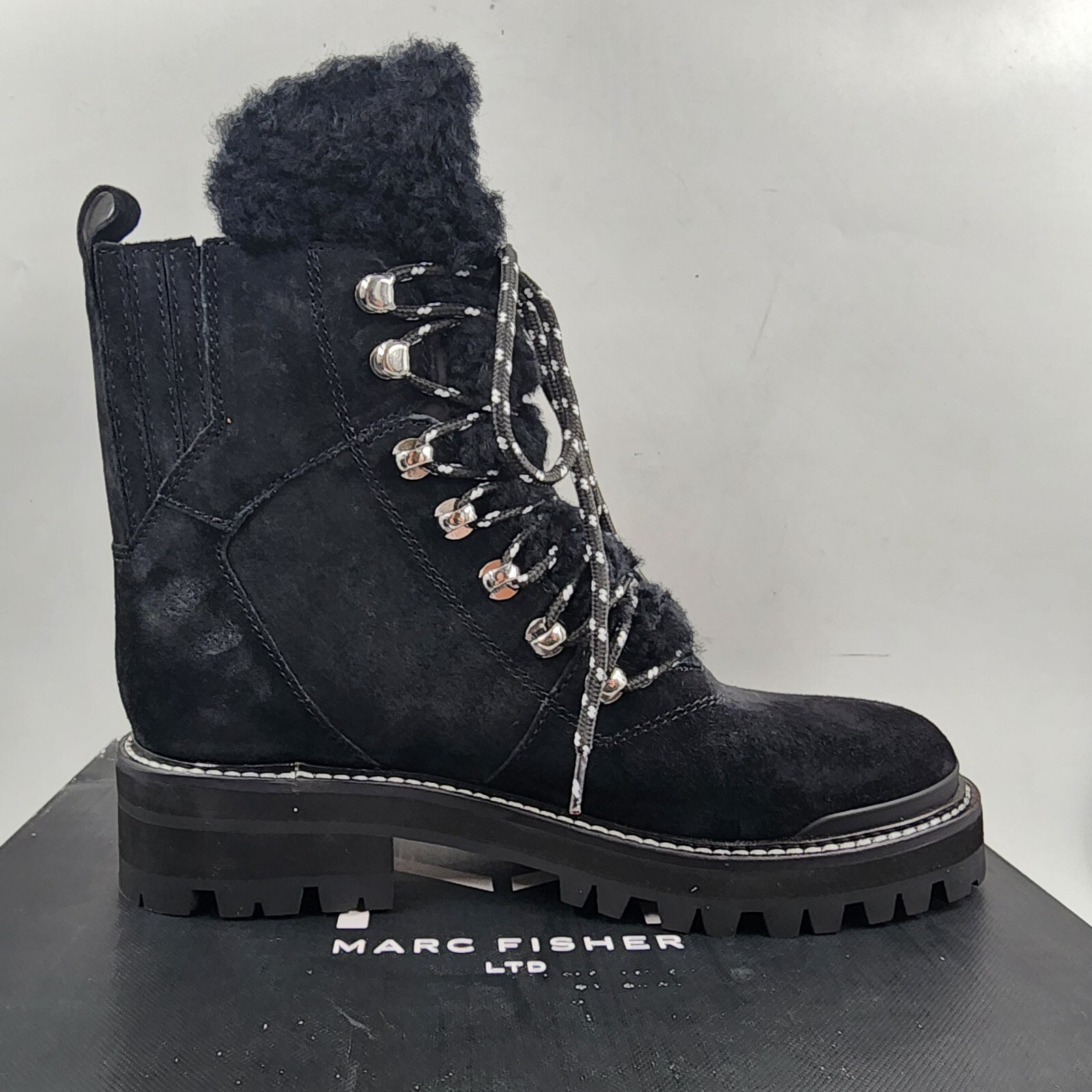 Marc Fisher Izzie Genuine Shearling Lug Sole Boot Women's 7M Black Lace Up Style - Picture 5 of 15