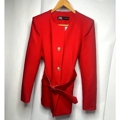 Zara Red Fashion Blazer Jacket Button Buckle Gold Business Flap Suit Womens