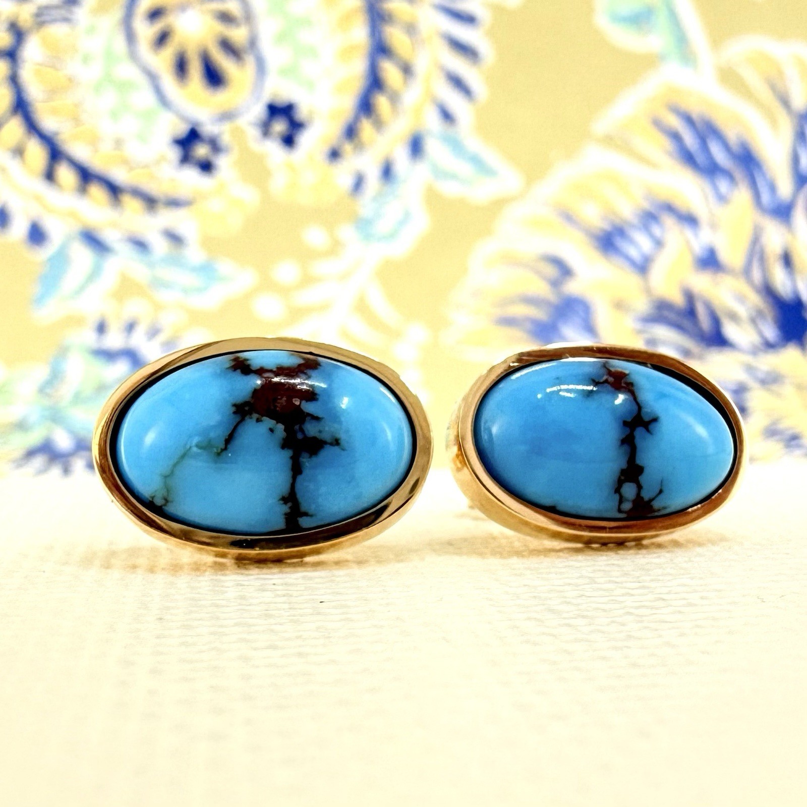 14k Yellow Gold Egyptian Turquoise Custom Made Stud Earrings, New Pair #1 - Picture 4 of 8