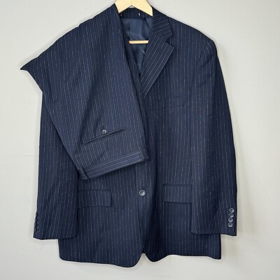Wall Street Collection sz 44S Suit Pinstripe Blazer Jacket Pants 40 Navy White