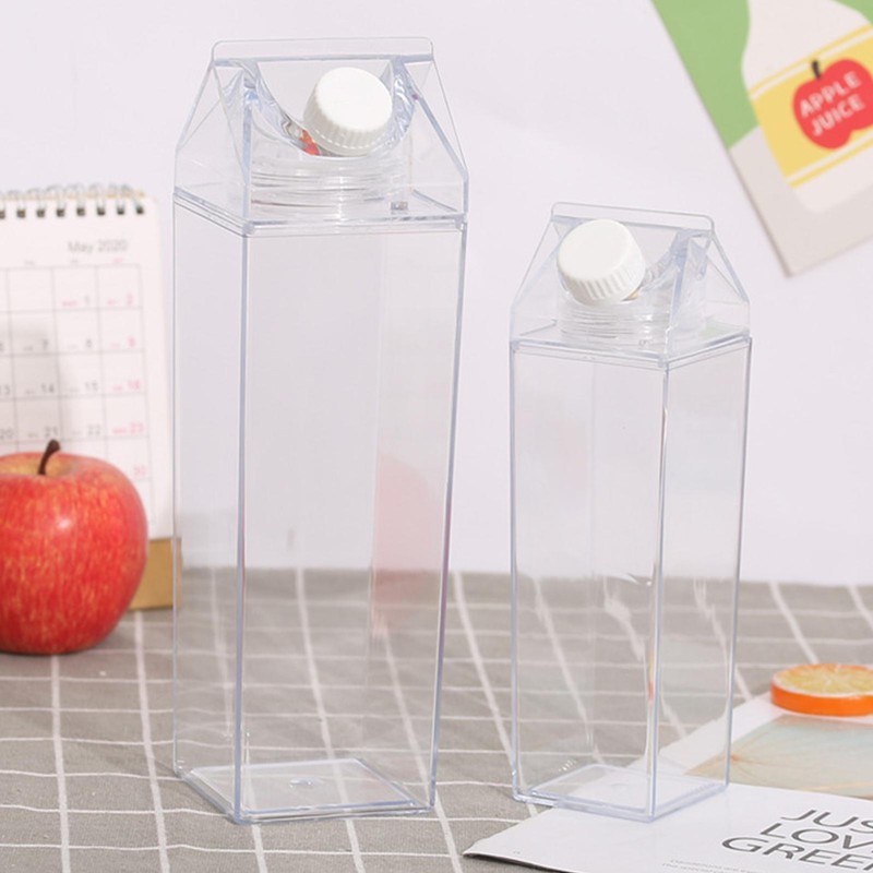 2PCS Clear Milk Carton Water Bottle Creative Square Transparent Cup