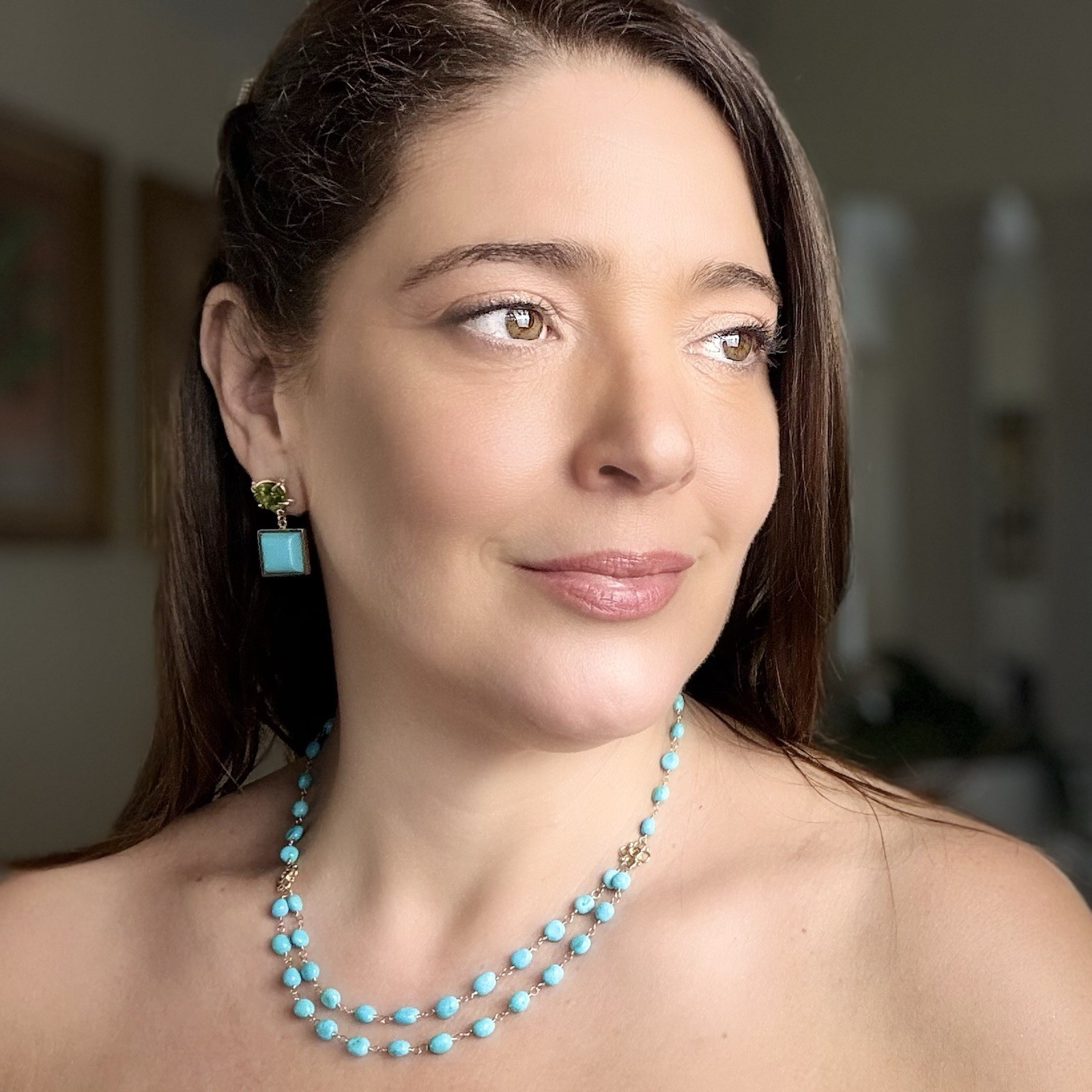 14k Yellow Gold Genuine Peridot & American Turquoise Statement Earrings, New - Picture 2 of 12