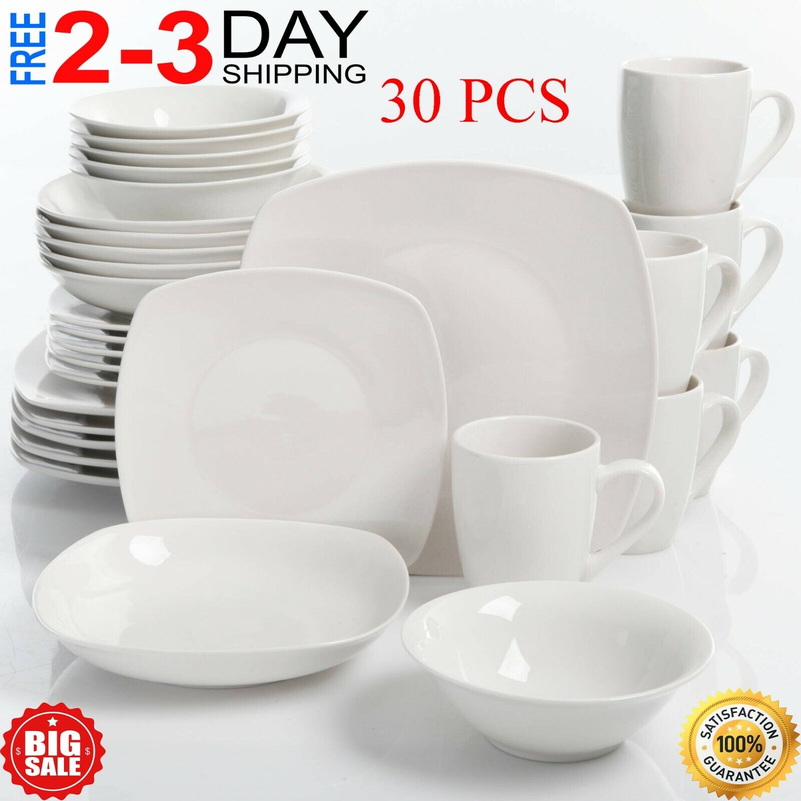 30-Piece Dinnerware Set White Ceramic Kitchen Dish Square Di