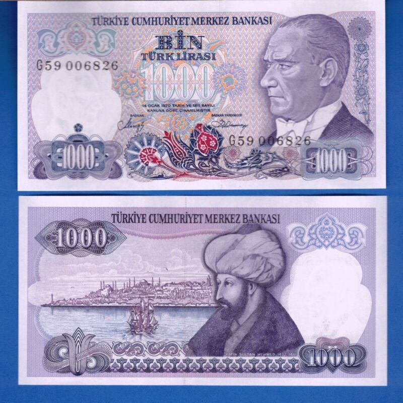 Turkey P-196 1,000 Lira L.1970 Uncirculated Banknote