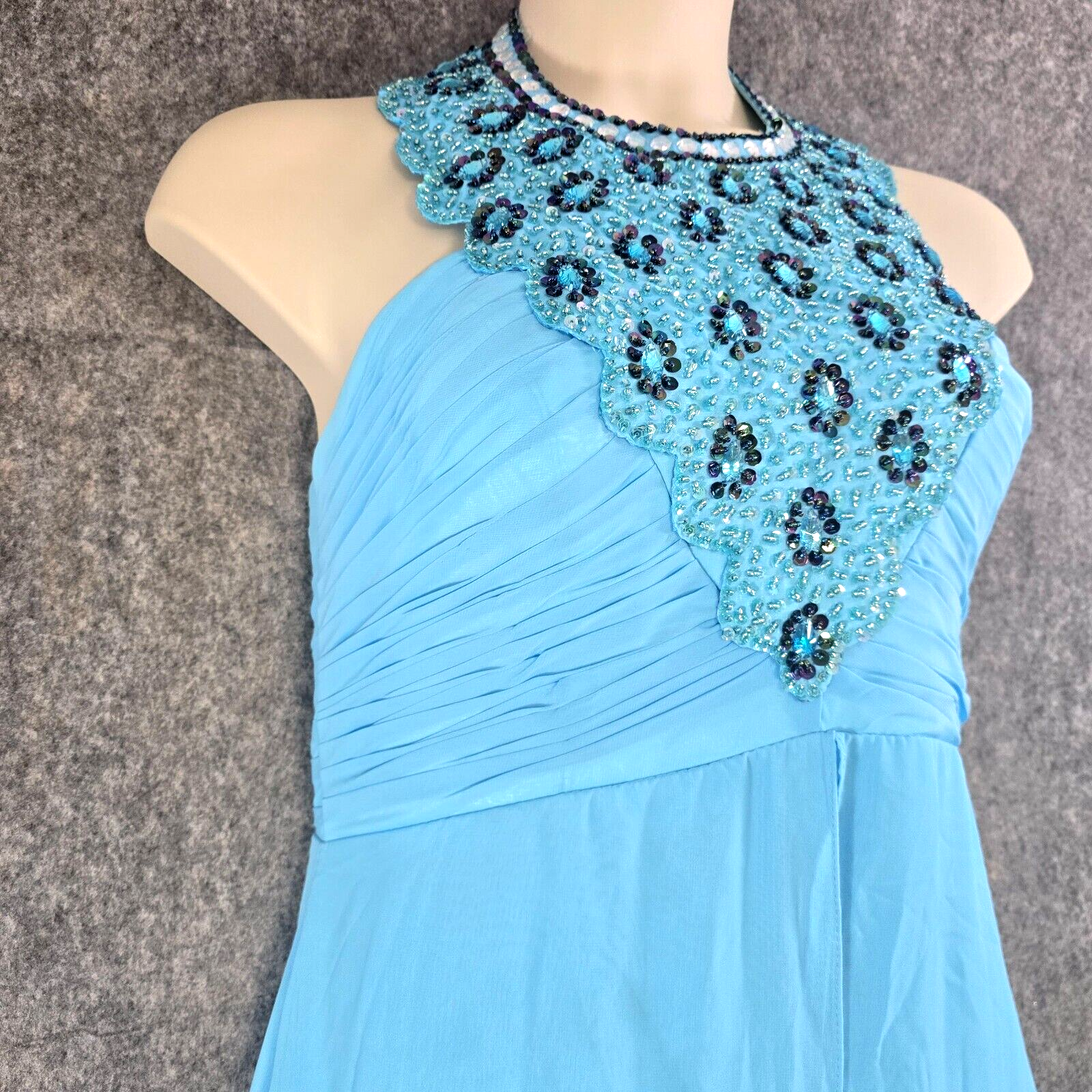 Beaded Dress Womens 16 Blue Beaded Maxi Chiffon Overlay Cocktail Cruise Prom