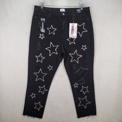 Simple Society Women Jeans Size 17 Jr Black Denim Rhinestone Star Straight Ankle