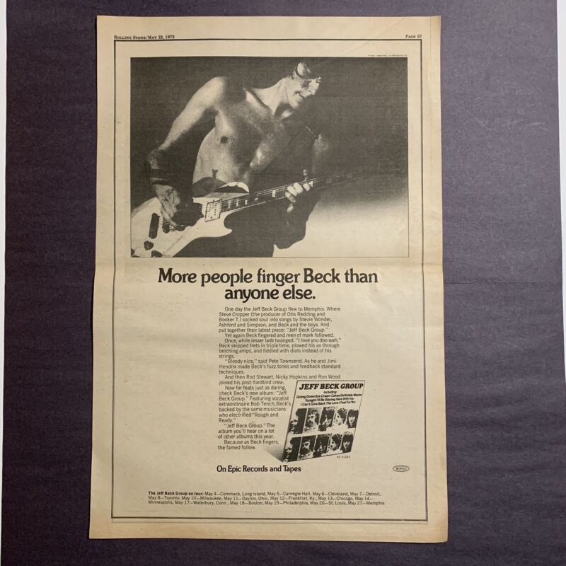 Jeff Beck / The Jeff Beck Group Original 11"x17" 1972 Poster Type Advert, Promo