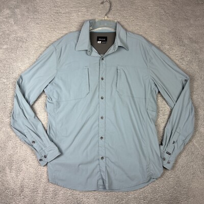 Marmot Shirt Mens Large Aqua Blue Long Sleeve Button Up Roll Tab Vented Gorpcore