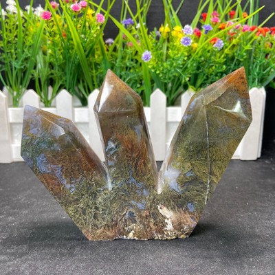 1LB 5.3'' Natural Moss Agate Three Points Obelisk Crystal Healing Quartz Decor