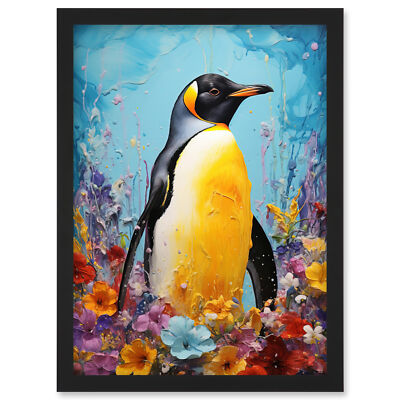 King Penguin in Colourful Floral Flowers Nest Colourful Framed Wall Art Print A4