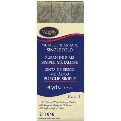 Wrights Single Fold Bias Tape, Metallic Gold 4 Yards x .5 inch