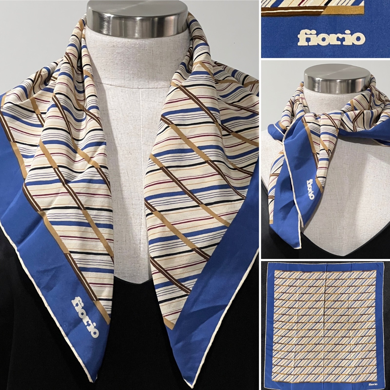 fiorio milano Blue/Tan Silk Crepe Striped Scarf,Handroll