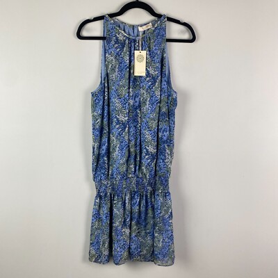 Ramy Brook Paris Smocked Mini Blouson Dress Large Silk Blue Green Multi Printed
