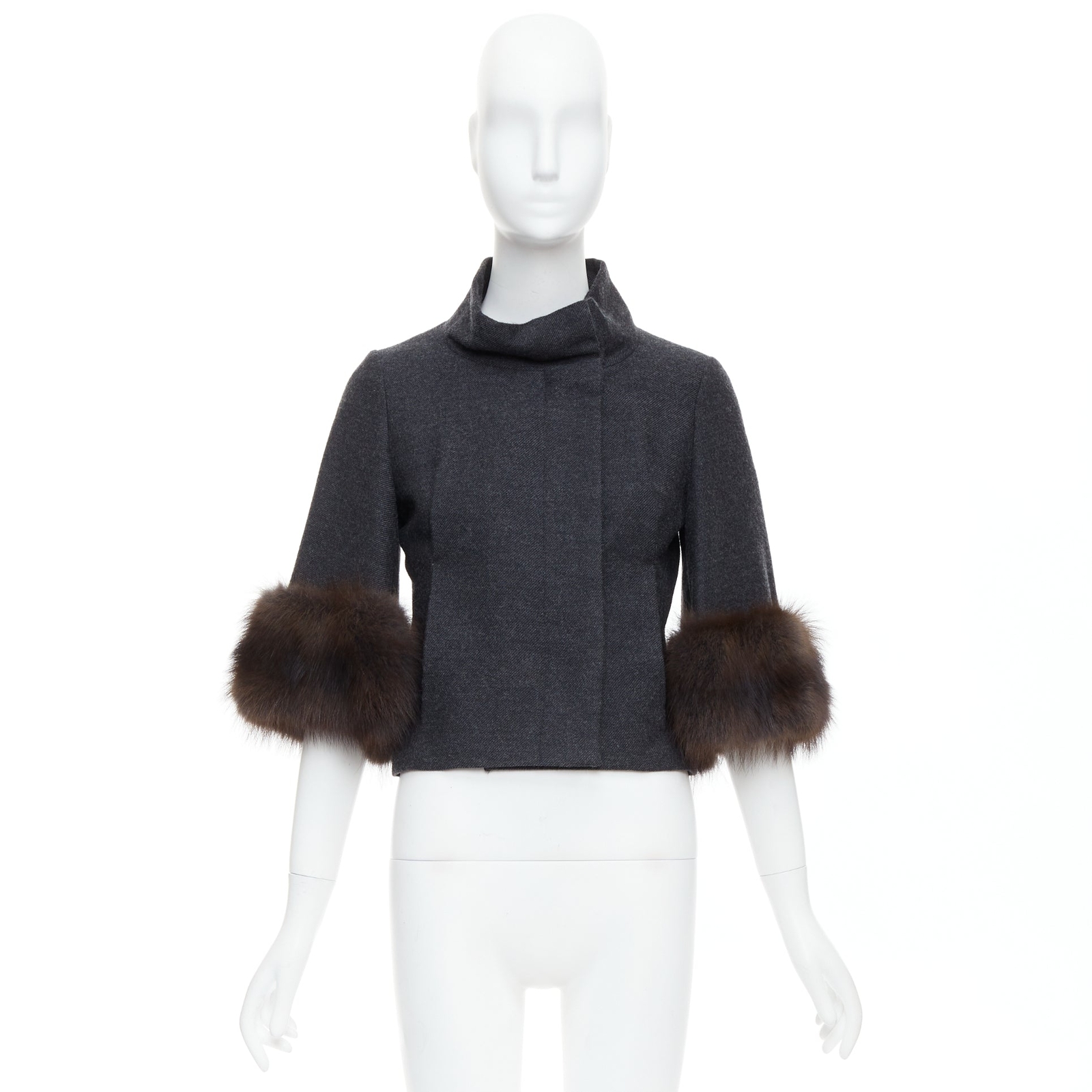 MARNI charcoal grey fur trim flare wool blend cropped jacket