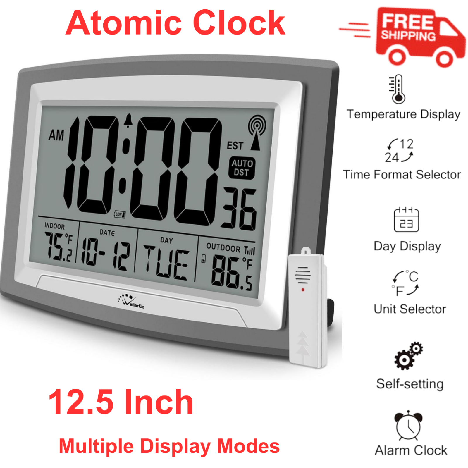 Atomic Clock with Indoor Outdoor Temperature, Self-Setting Digital Wall Clock