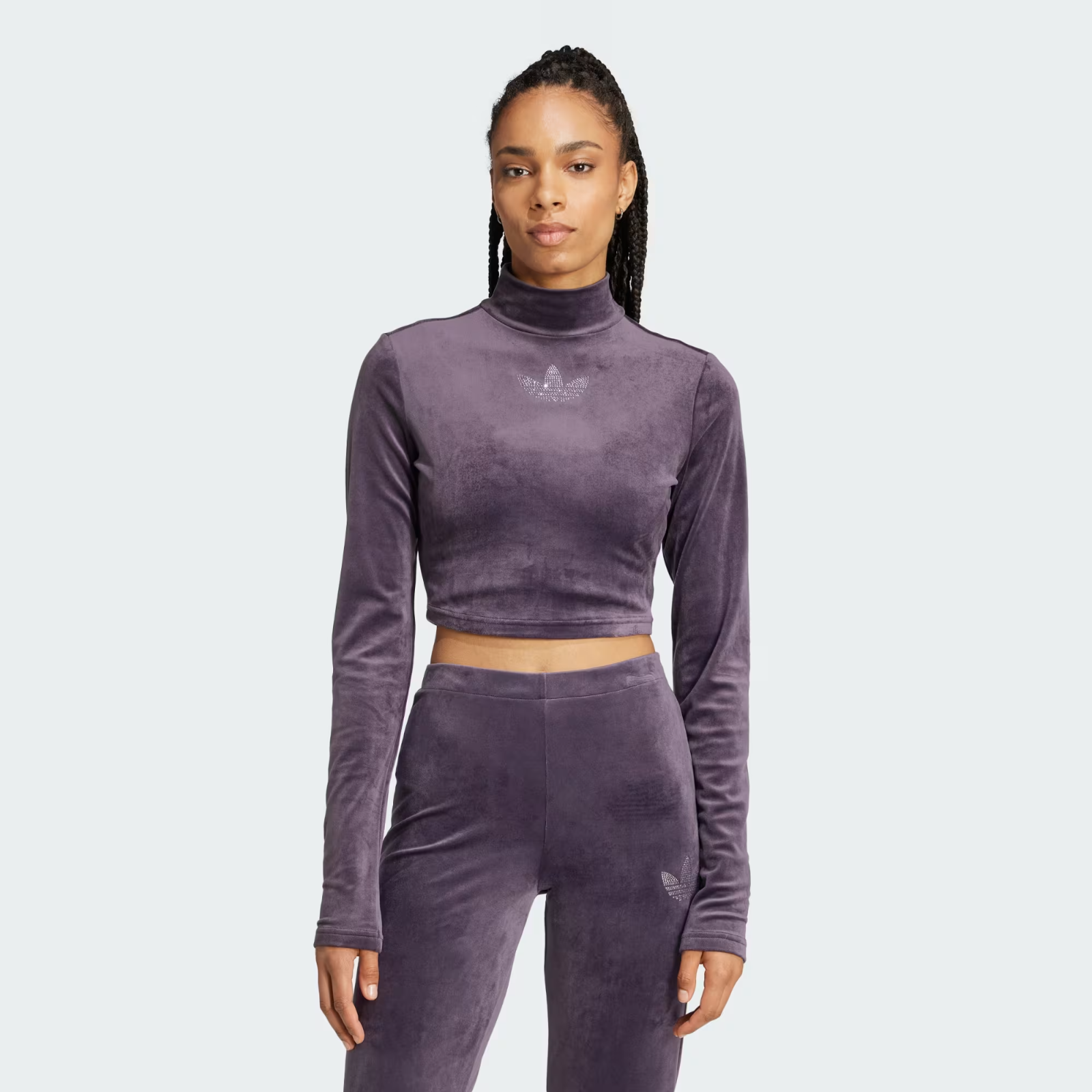 adidas Originals Women Long Sleeve Rhinestone Trefoil Velvet Crop