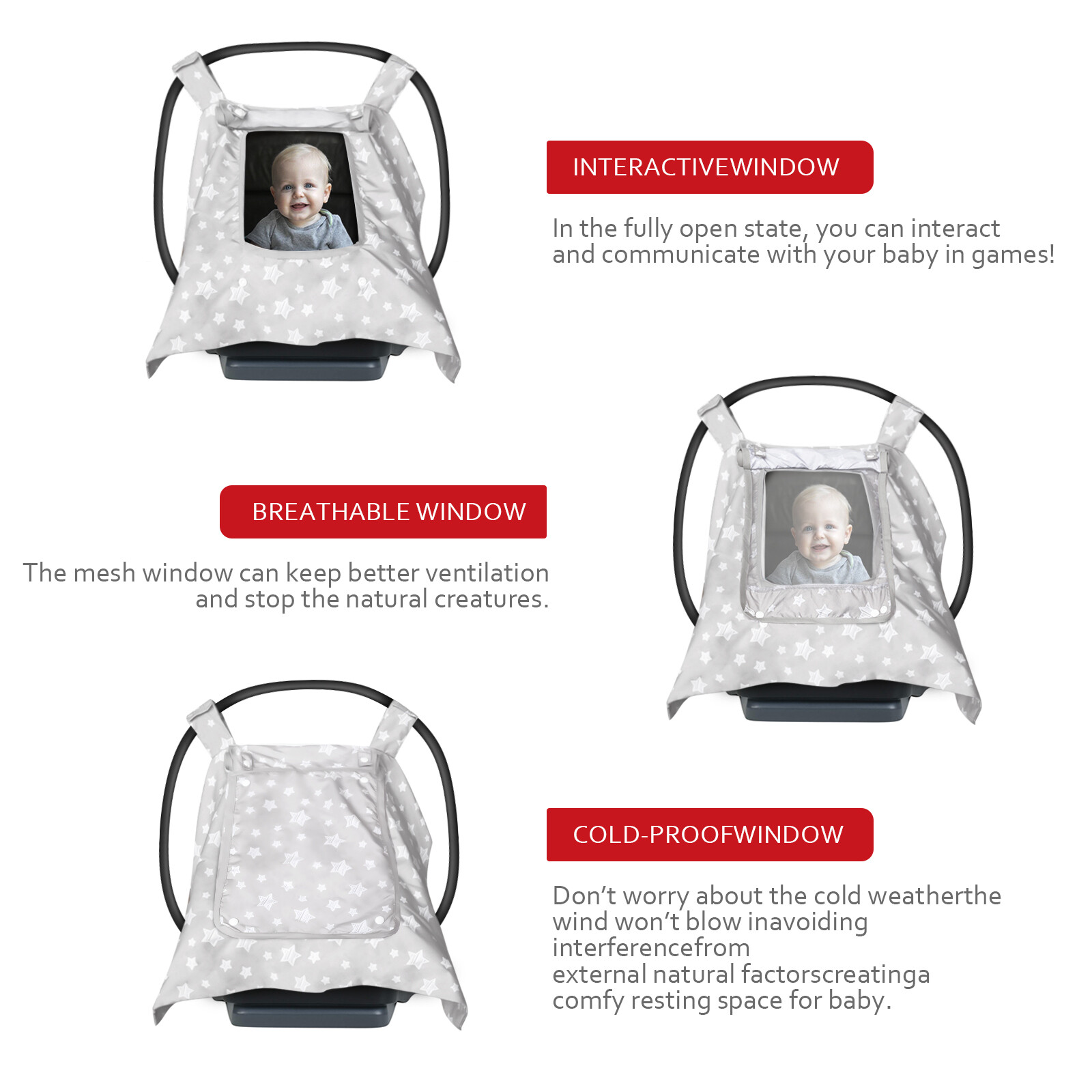 Baby Car Seat Cover with 2 Layers Windows Adjustable Peep & Breathable Mesh 