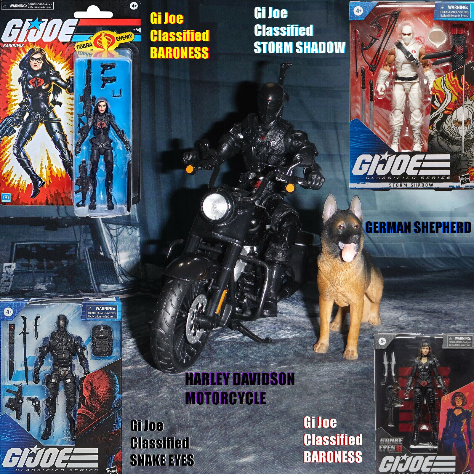 GI Joe CLASSIFIED SNAKE EYES /MOTORBIKE/DOG STORM SHADOW 2 X