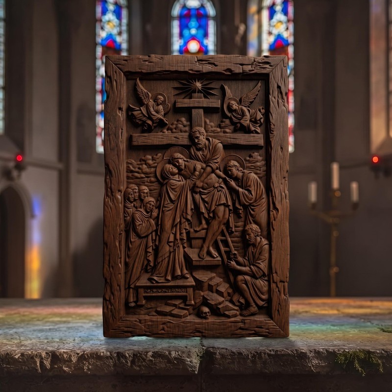 Jesus Christ Body Descent from the Cross Wooden Carved Handmade Christian Icon