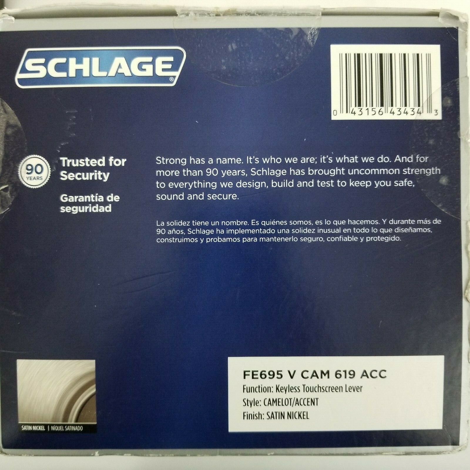 SCHLAGE FE695 V CAM 619 ACC  KEYLESS TOUCHSCREEN LEVER IN SATIN NICKEL  NEW