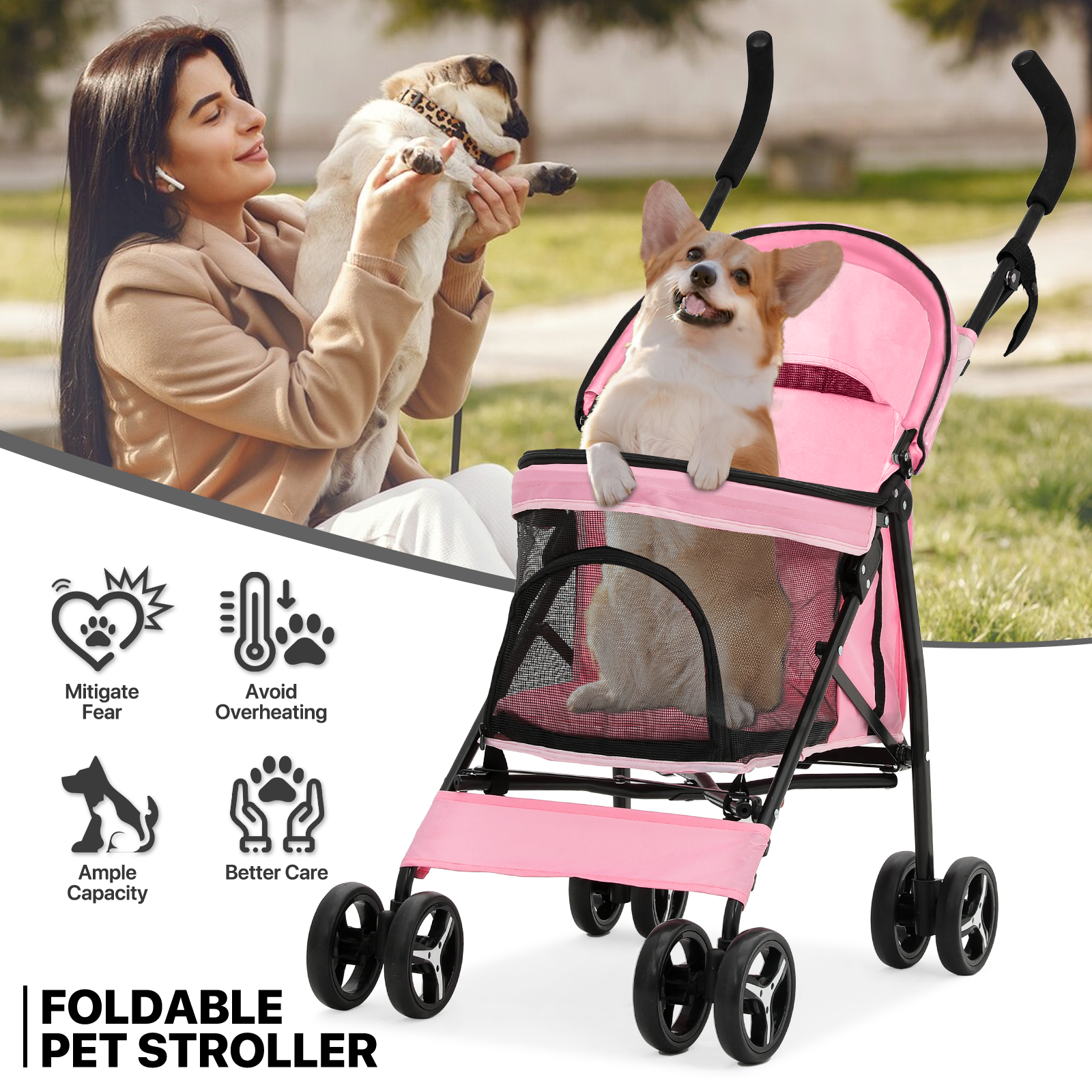 Pink Foldable Dog Stroller Adjustable Canopy Breathable Pet Travel Carrier Cart