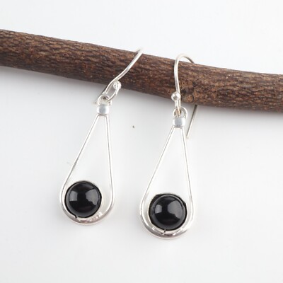 Round Natural Black Tourmaline Delicate Drop Earrings Jewelry Sterling Silver