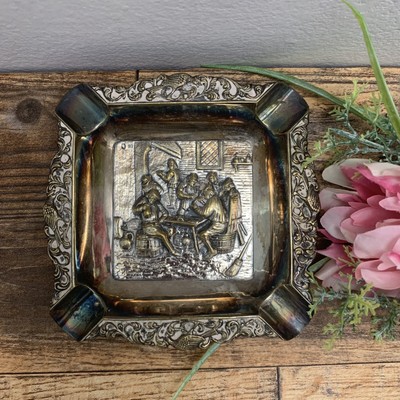 Antique Metal Ashtray - Men Sitting Around a Table