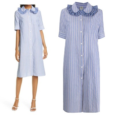 NWOT $293 Baum Und Pferdgarten Ahjah Stripe & Plaid Ruffle Collared Dress