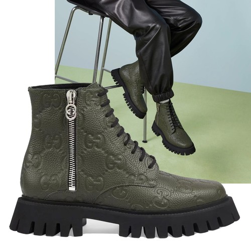 GUCCI BOOTS MENS ANKLE GREEN GG LOGO LEATHER ZIPPER LACE-UP