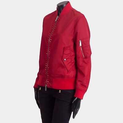 Pre-owned Valentino 3290$ Red Satin Bomber Jacket - Rockstuds, Zip Up, Sleeve Pocket