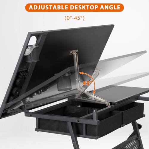 Adjustable Drafting Table Tilting Tabletop Art Craft Desk with 2 Drawers, Stool
