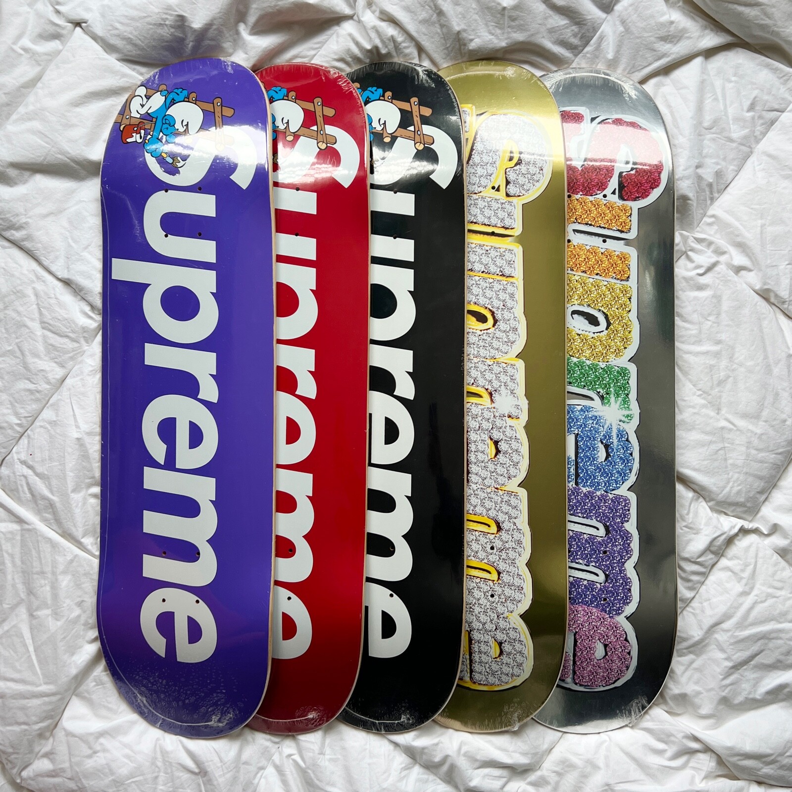Supreme 2020 Smurf and 2022 Bling Box Logo Skateboard Deck Supreme 2020 Smurf and 2022 Bling Box Logo Skateboard Deck