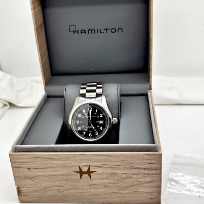 HAMILTON KHAKI STAINLESS STEEL BLACK DIAL AUTOMATIC 25J WRISTWATCH,DATE,BOX,RUNS