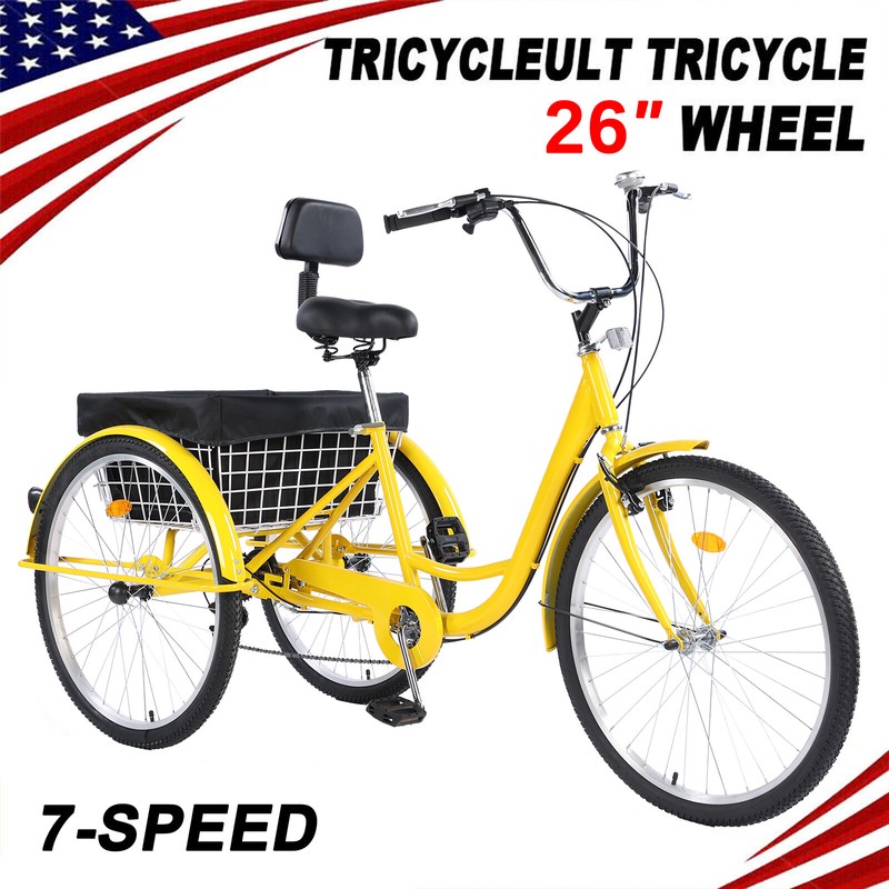 26" 7-Speed Adult Trike Tricycle 3-Wheel cruise Bike w/Basket for Shopping