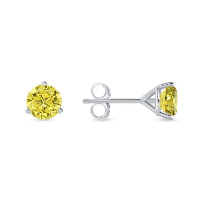 Pre-owned Shine Brite With A Diamond 2 Ct Round Cut Canary Earrings Studs Solid Real 14k White Gold Push Back Martini
