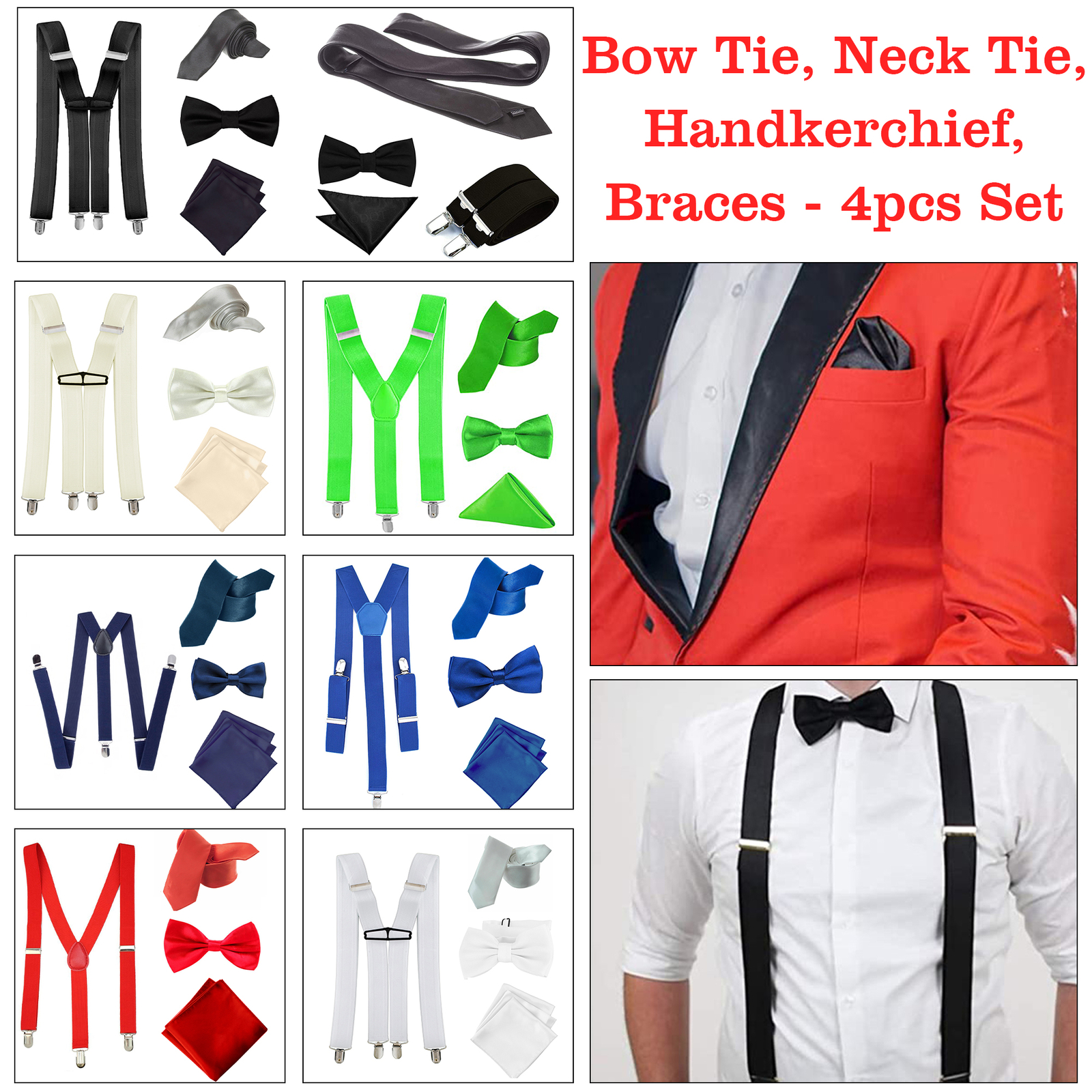 Weddecor 4er Set Fliege Krawatte Hosenträger Einstecktuch Satin Hochzeit