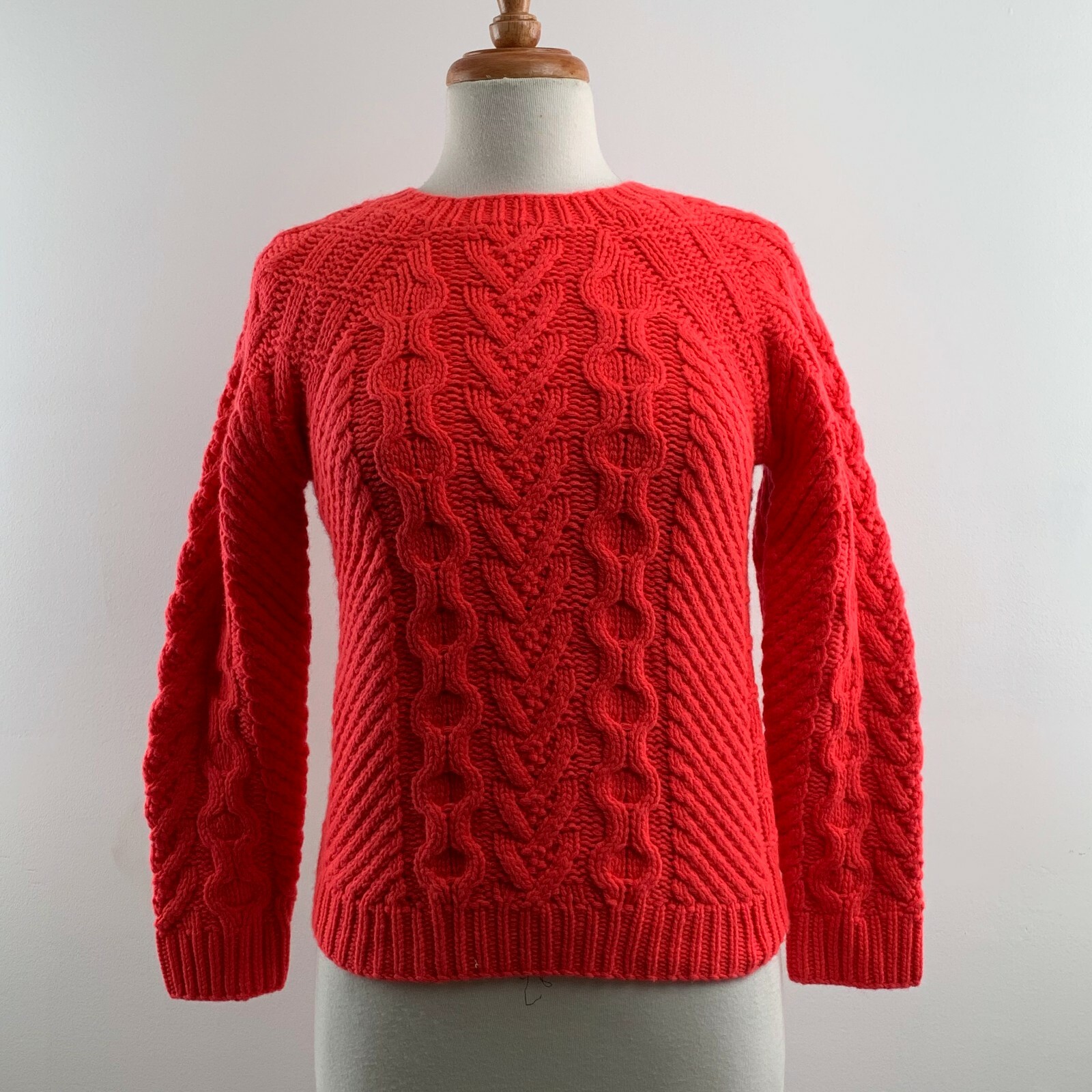 Pre-owned Cashmere Coach Women's Sweater Aran Crew Neck Chunky Wool  Top, $598 In Flare Red