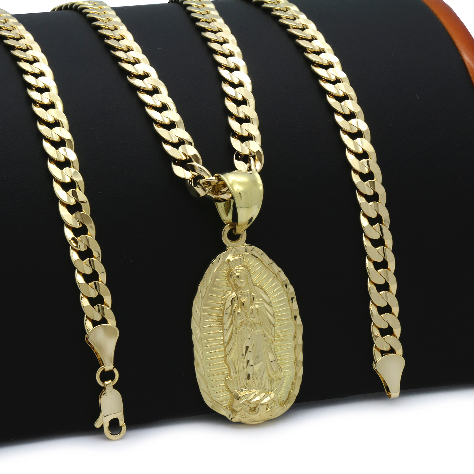 Mens 18k Gold Plated  Guadalupe  Hip-Hop Pendant 6mm Cuban Chain Necklace 