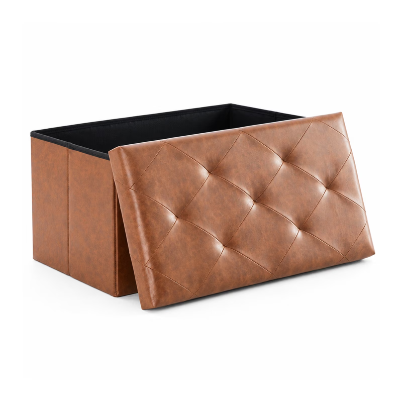 Storage Ottoman Bench, Foldable Faux Leather with Tufted Foam Seat and Center Di