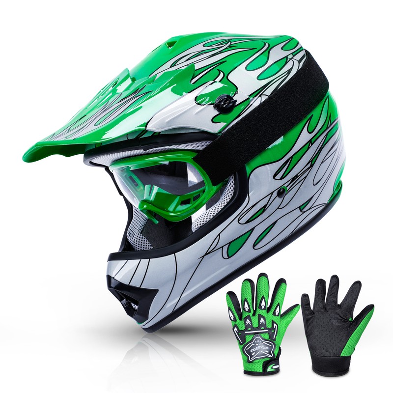 Youth Kids ATV Motocross Dirt Bike MX Green Flame Helmet+Goggles+Gloves S/M/L/XL