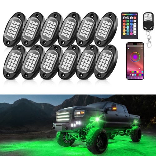 12 Pods RGB LED Rock Lights, 3 Control Way Bluetooth Remote & Fob Underbody Lamp