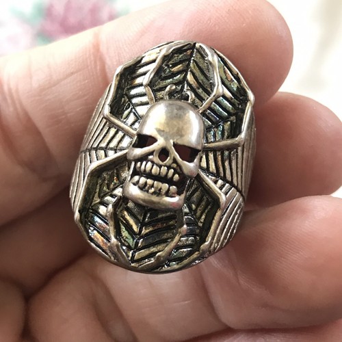Vintage 1986 G&S Silver Overlay Outlaw BIKER Ring 12/13 PUNK GOTH Skull Spider