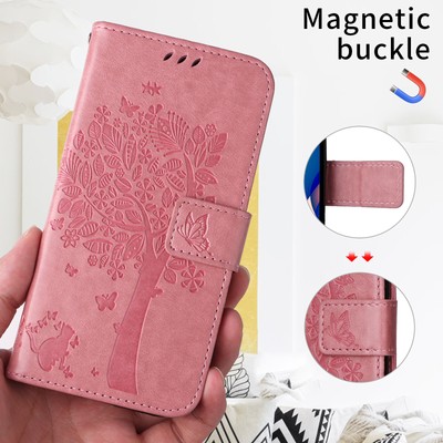 Cute Tree Cat Magnetic Closure Wallet PU Leather Cover For Samsung iphone Moto