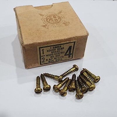 Vintage NOS, SOLID BRASS Wood Screws With Slotted Round Head 1/2'' x #4 - 12pk