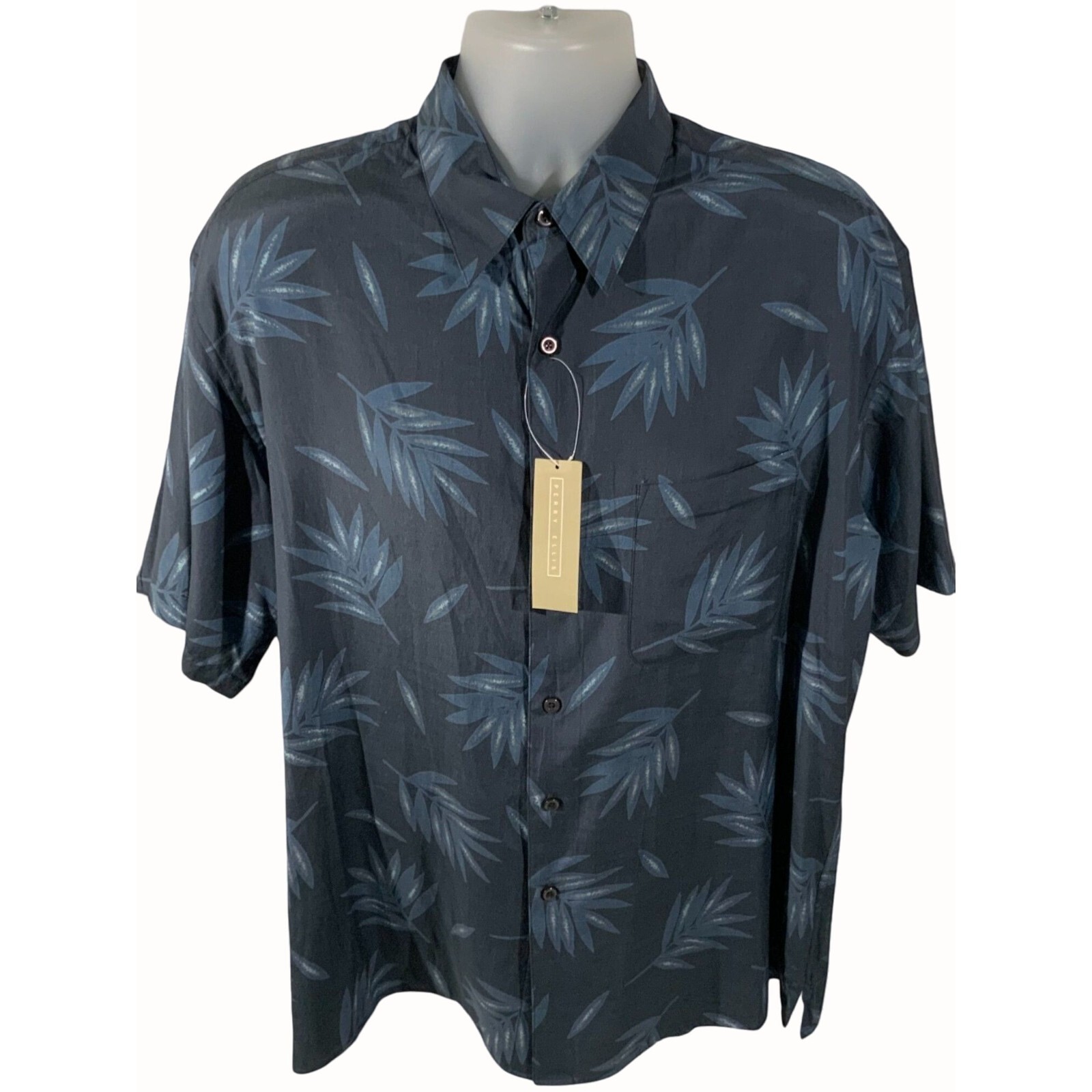 PERRY ELLIS ネイビー シルクシャツ M Perry Ellis Silk Blend Tropical Navy Button Down Shirt Short