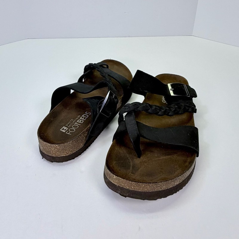 White Mountain Hazy Footbeds Braided T-Strap Sandals, Black Leather 6M